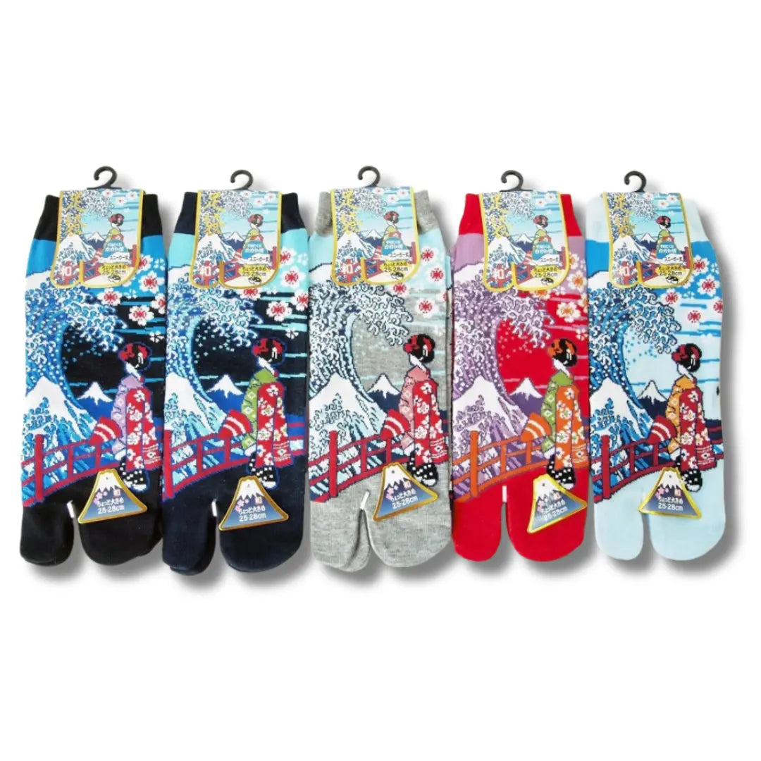 5 Paar Tabi Zehensocken in 5 verschiedenen Farben mit dem Motiv Maiko und Hokusai in der Größe 39 bis 43.