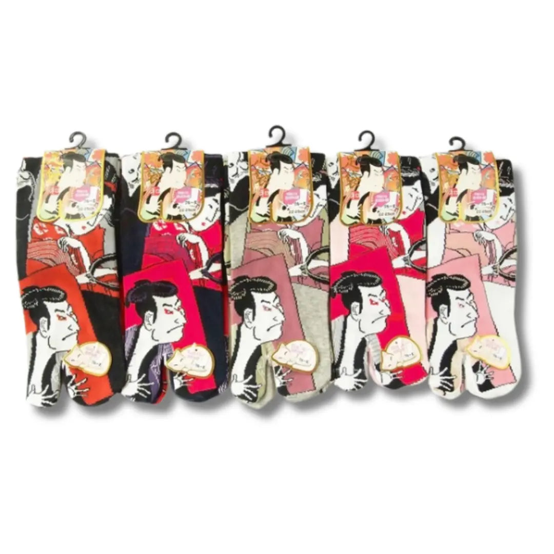 5 Paar Lange Tabi Zehensocken in 5 verschiedenen Farben mit einem Ukiyoe-Motiv in der Größe 36 bis 39.