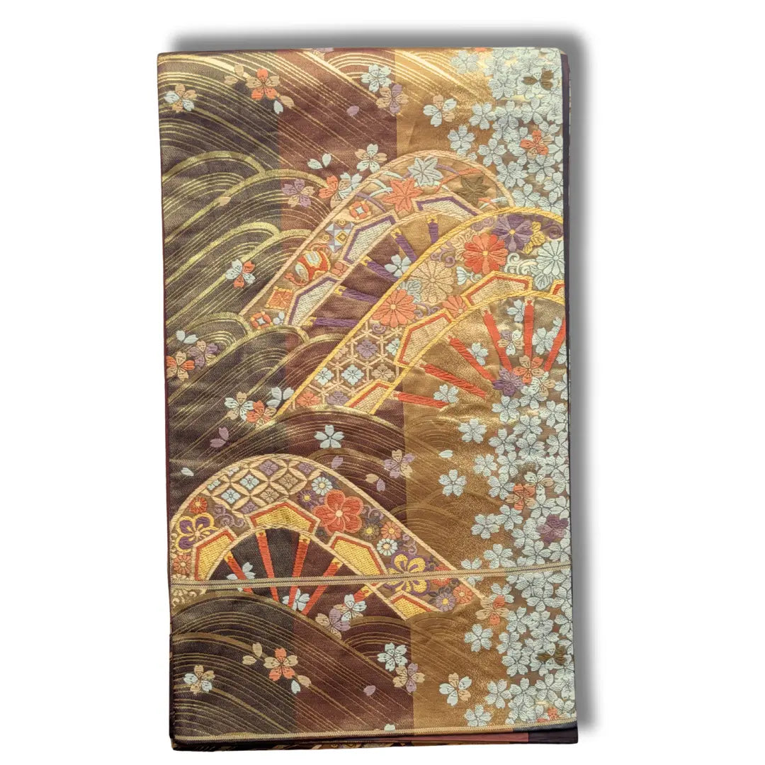 Vintage Fukuro Obi in Braun und Gold mit japanischen Fächern, Wellen und Sakura-Blüten