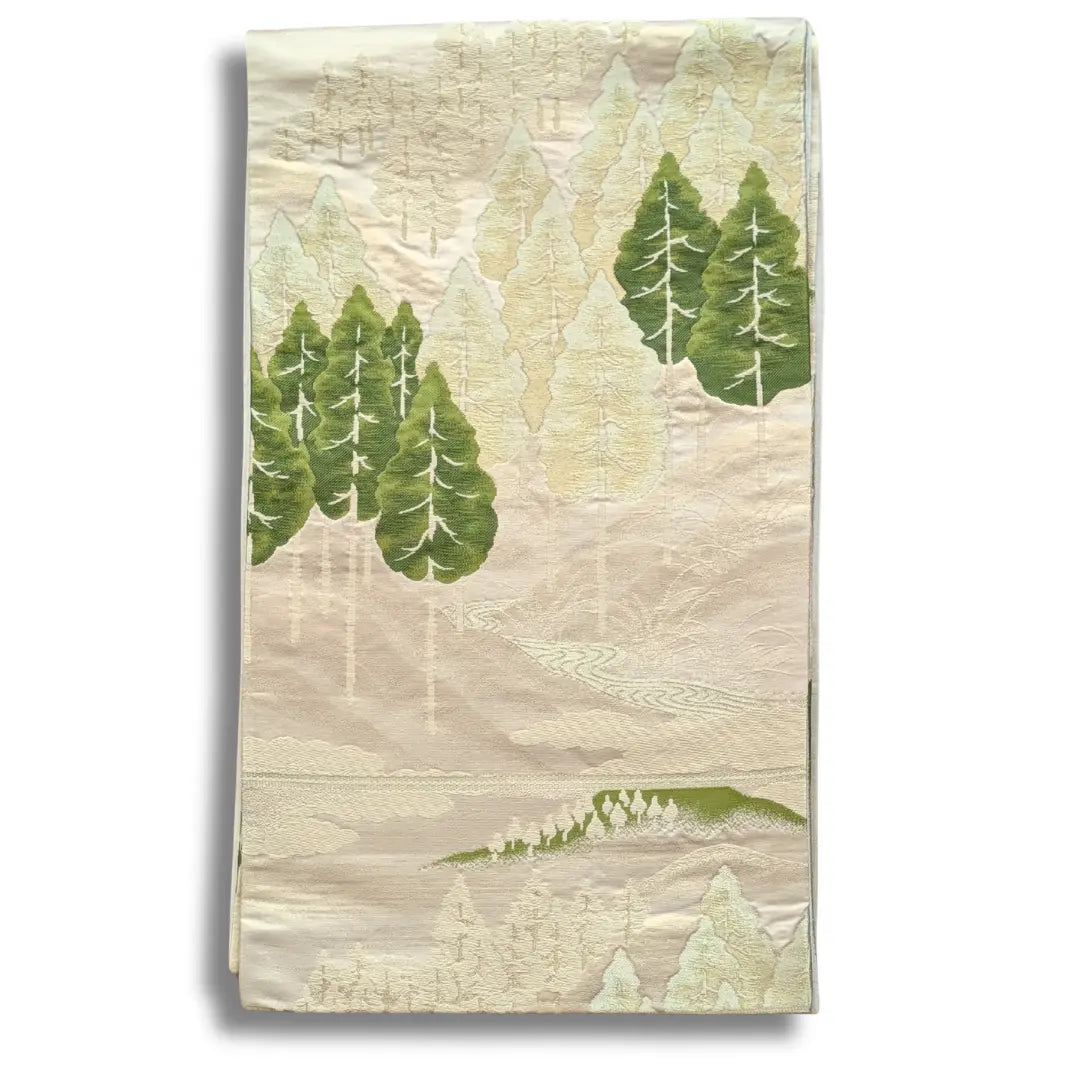 Vintage Fukuro Obi mit stilisiertem Waldmotiv in Creme, Beige und Grün
