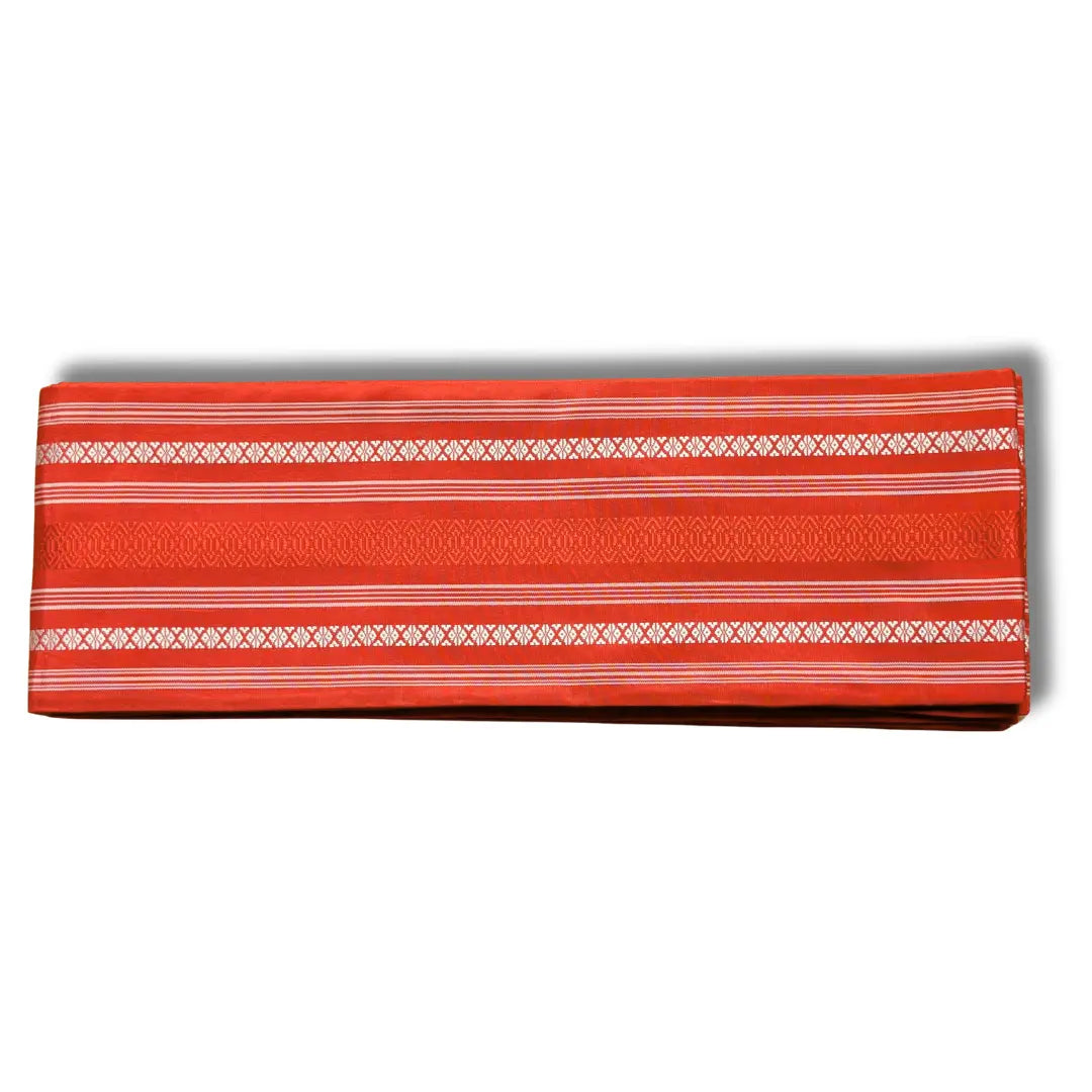 Vintage Hanhaba Obi mit traditionellem Hakata-Muster (Kenjo-gara) in Rot.