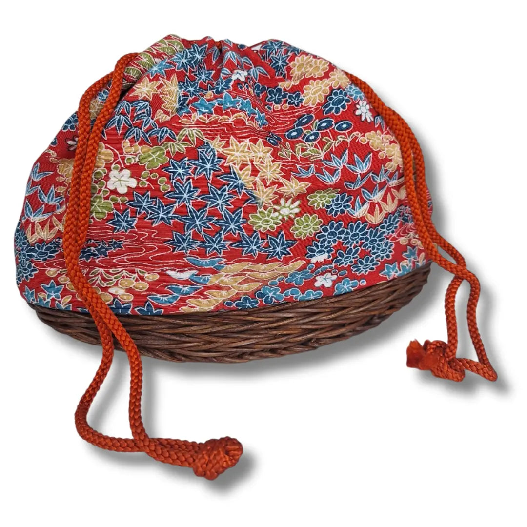 Vintage Kinchaku Takekago Bambus Korbtasche – Ahornblätter & florale Muster