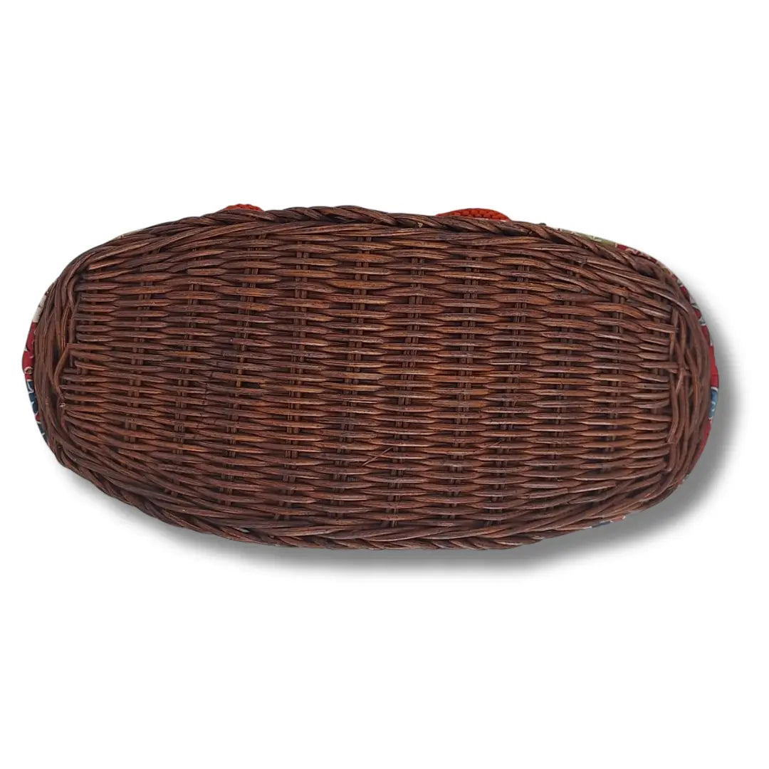 Vintage Kinchaku Takekago Bambus Korbtasche – Ahornblätter & florale Muster
