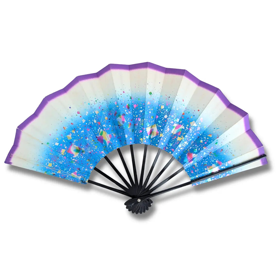 Vintage Handfächer aus Japan Rückansicht geöffnet mit violettem Randbogen