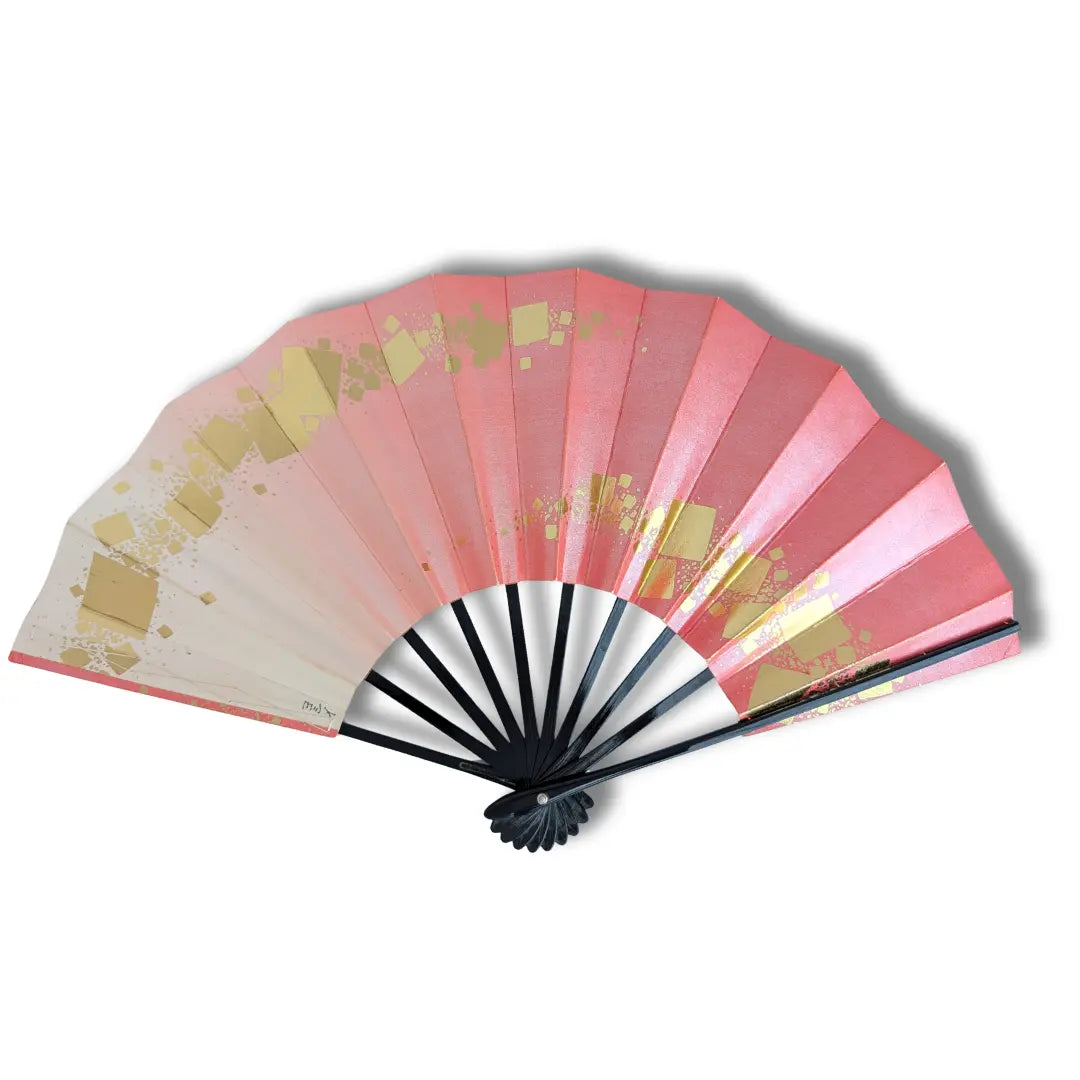 Vintage Handfächer aus Japan Rückansicht geöffnet mit Rosé-Verlauf und Goldplättchen