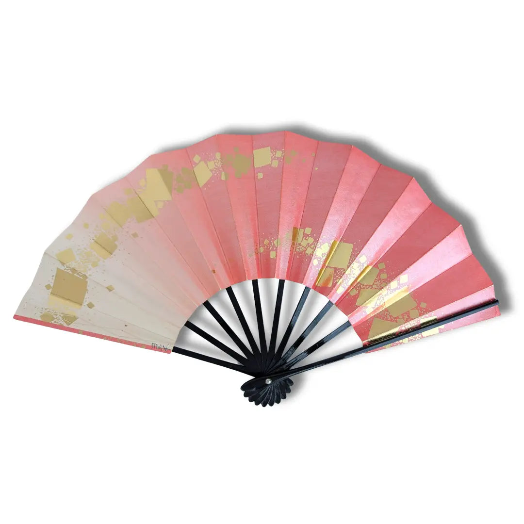 Japanischer Mai-Ogi Tanzfächer aufgeklappt, 50 x 29 cm, Rosé-Weiß-Verlauf mit Kirikane-Blattgold